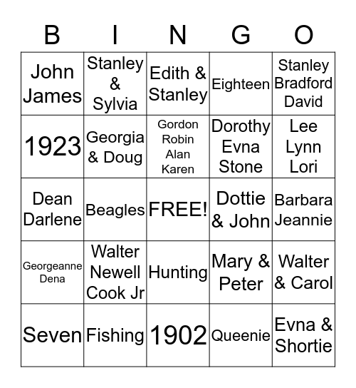 Bubby Cook Bingo Card