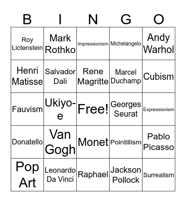 Visual Art Bingo Card