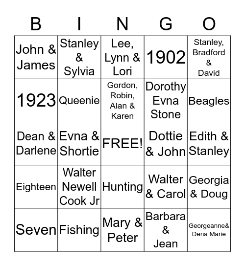 Bubby Cook Bingo Card