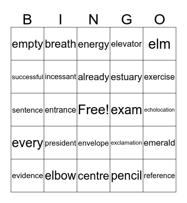 Short E Bingo Card
