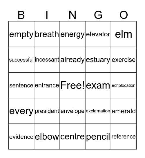 Short E Bingo Card