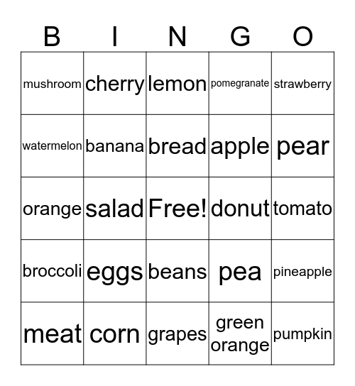 Food Bingo Card