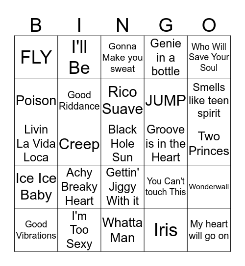 Top Hits of the 90's Bingo Card