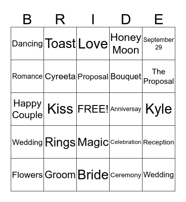 Cyreeta's Bridal Shower Bingo Card