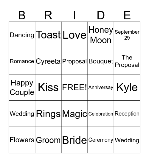 Cyreeta's Bridal Shower Bingo Card