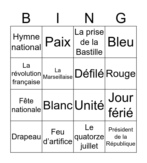 Bastille Day  Bingo Card