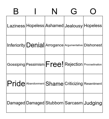 Core Beliefs/ Character Defects Bingo Card