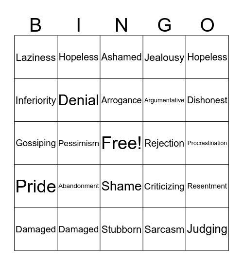 Core Beliefs/ Character Defects Bingo Card
