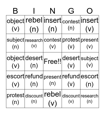 Pronunciation - Nouns and Verbs Bingo Card