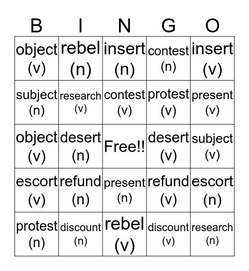 Pronunciation - Nouns and Verbs Bingo Card
