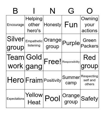 Summer camp Bingo Card