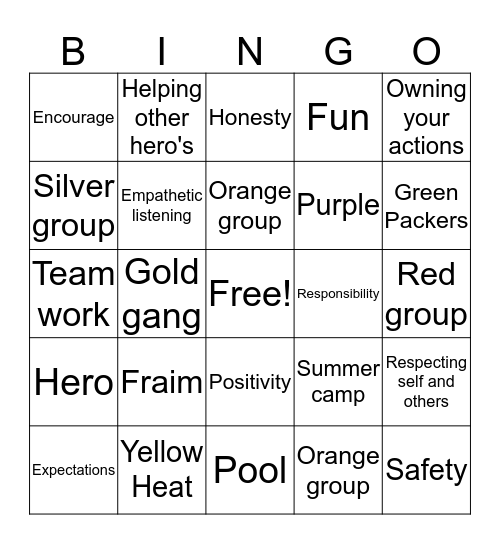 Summer camp Bingo Card