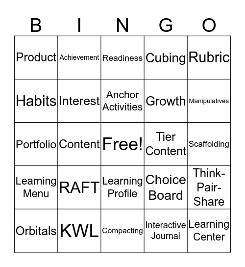 Differentiated Instruction  Bingo Card