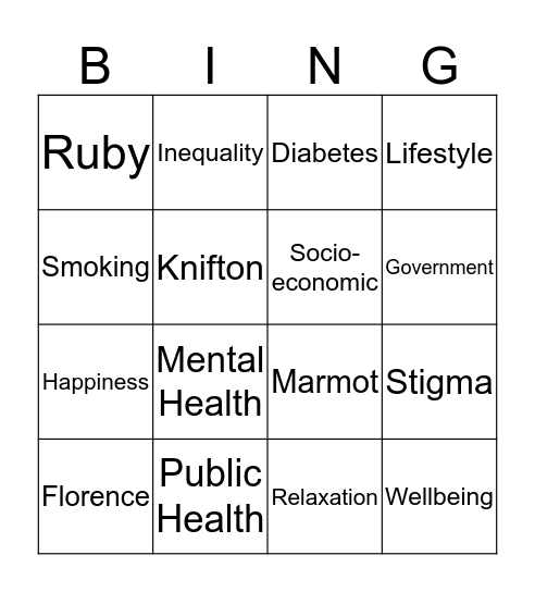 Public Health Bingo Card