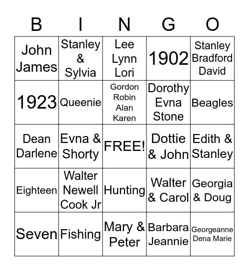 Bubby Cook Bingo Card