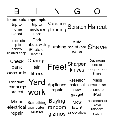 Very Important Husband Tasks Bingo Card
