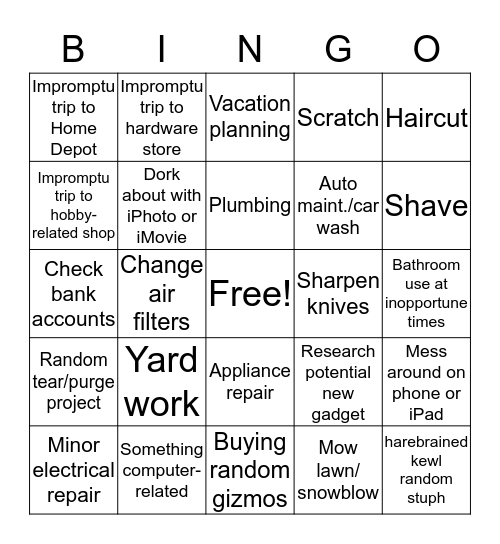 Very Important Husband Tasks Bingo Card
