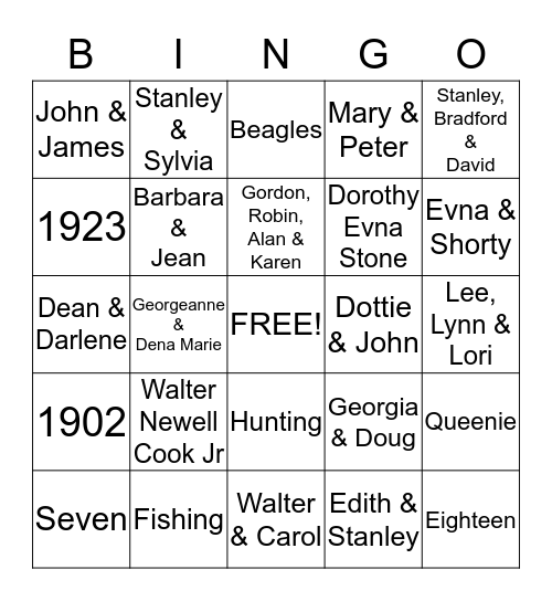 Bubby Cook Bingo Card