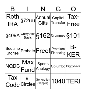 Tax Code Bingo Card