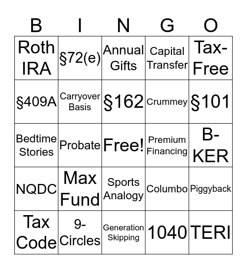 Tax Code Bingo Card