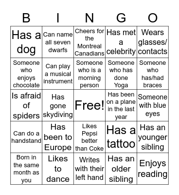 YMCA People Bingo Card