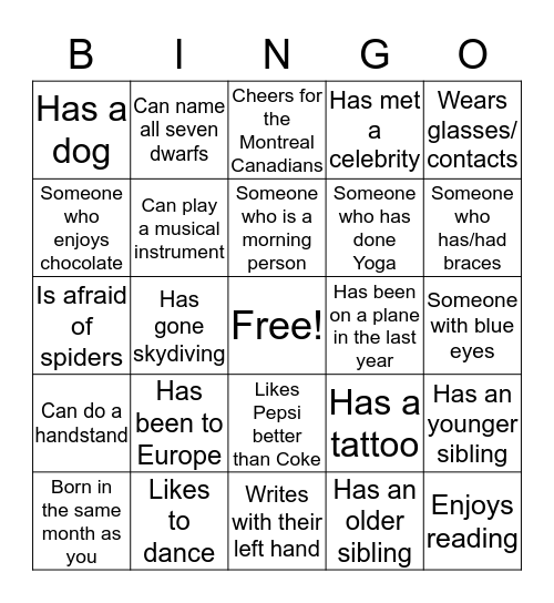 YMCA People Bingo Card