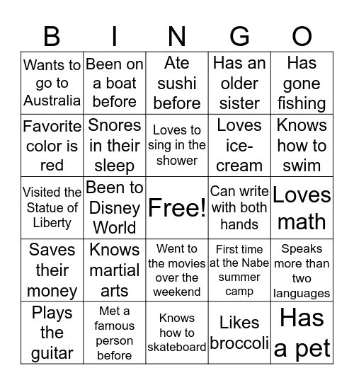 Getting to know you! Bingo Card