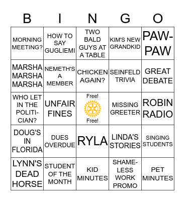 ROTARY MEETING BINGO Card