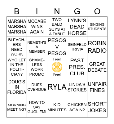 ROTARY MEETING BINGO Card