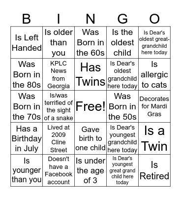 Descendants of Soadella Rankins Bingo Card