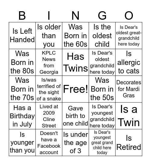 Descendants of Soadella Rankins Bingo Card