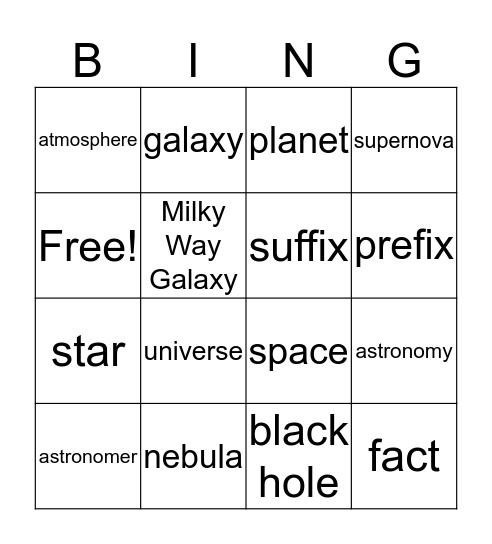 Universe & Generic Vocabulary  Bingo Card