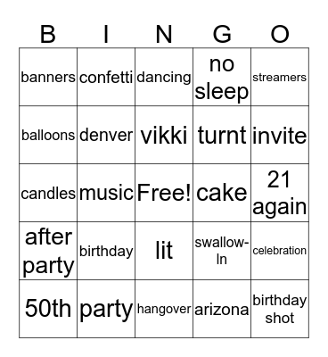 Vikki's BDay 50th Party Bingo Card