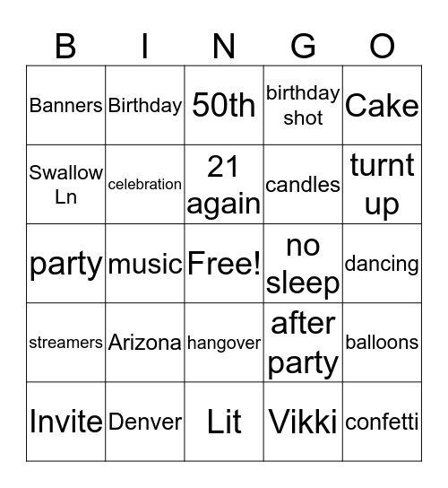 Vikki's 50th B-Day Party Bingo Card