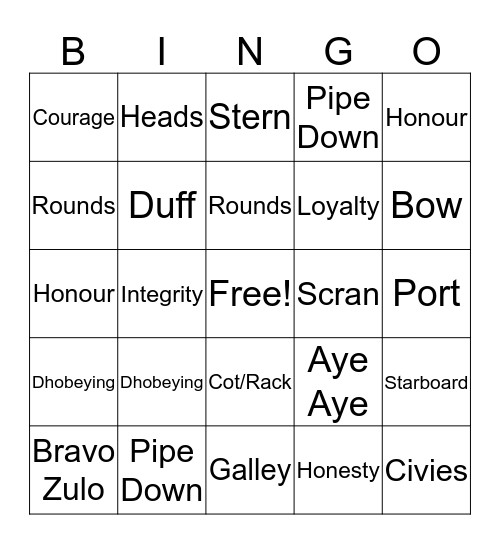 Navy Cadets Bingo Card