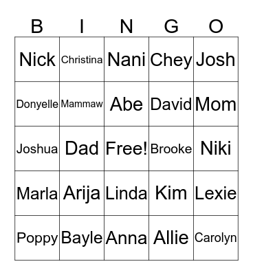 Bayle Friends and Family Bingo Card