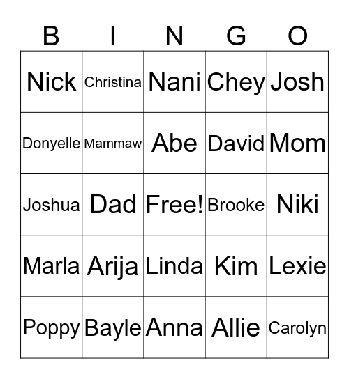 Bayle Friends and Family Bingo Card