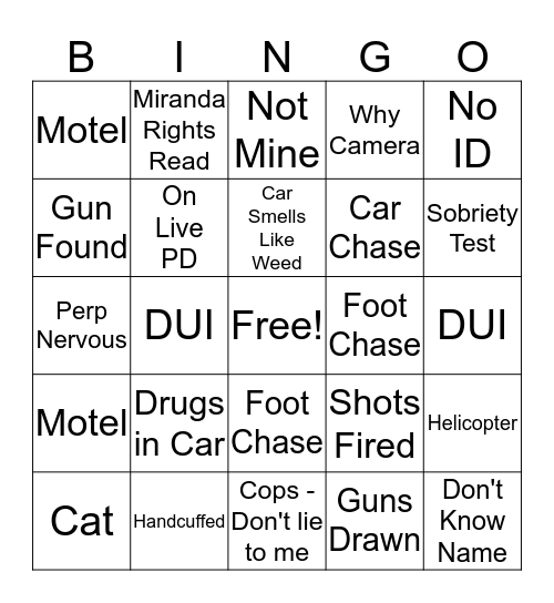 Live PD Bingo Card