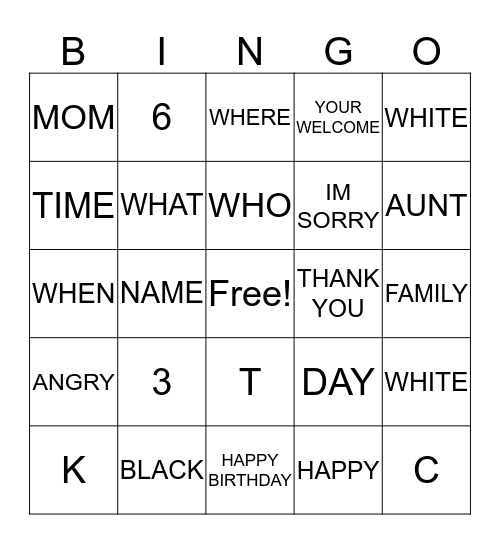 ASL FOR TEENS BINGO Card