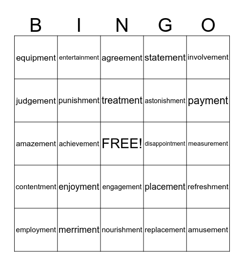 Words that end in Ment ! Bingo Card