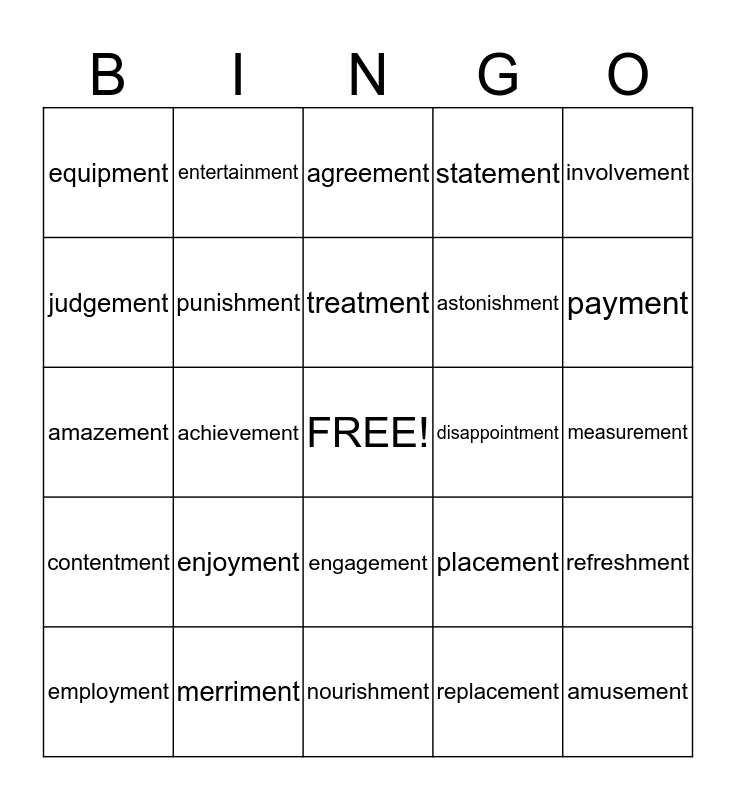 Words That End In Ment Bingo Card