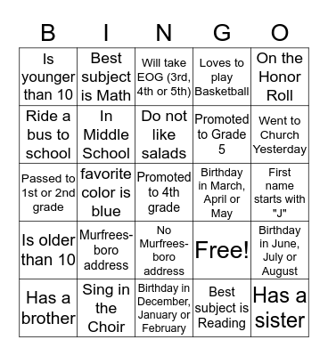 "Find A Person"  Bingo Card