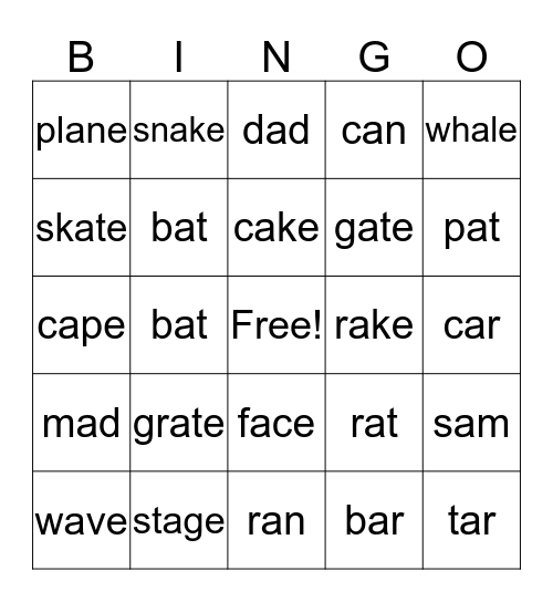 Short and Long /a/ Bingo Card