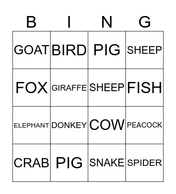 ANIMALS Bingo Card