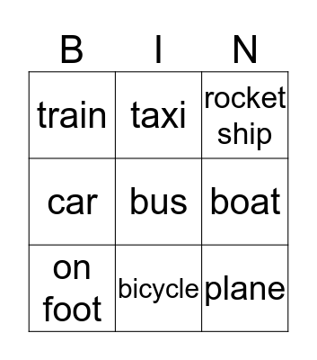 transportation Bingo Card