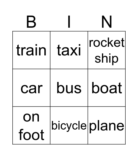 transportation Bingo Card