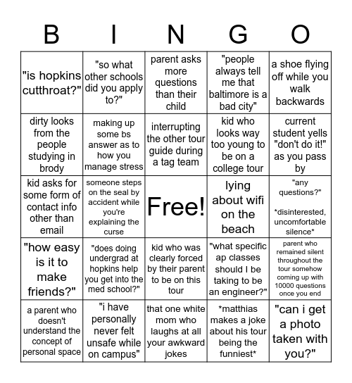 tour guide bingo idk Bingo Card