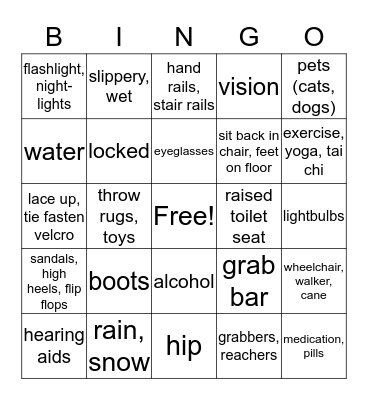 Falls Prevention Education Bingo Card