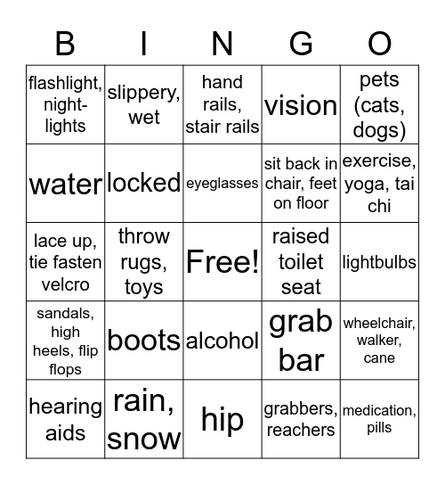 Falls Prevention Education Bingo Card