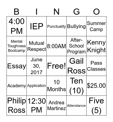 Bright Futures Academy Bingo Card